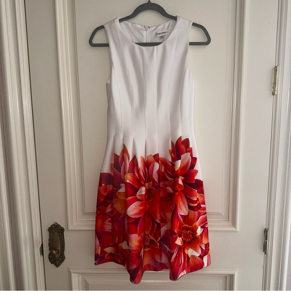 Calvin Klein White Floral Office Formal Knee Length Mini Dress